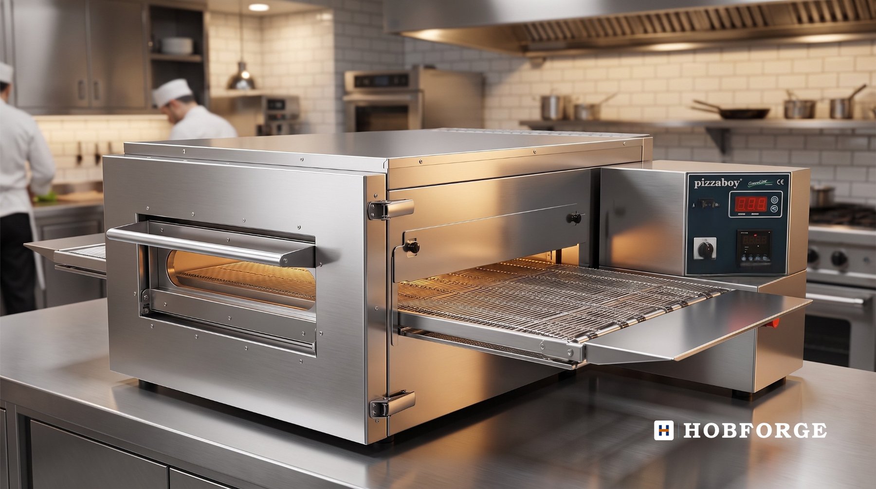 A conveyor pizza oven on the line in a commercial kitchen